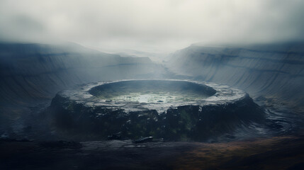 Volcanic crater enveloped in mist, an otherworldly terrain where nature's forces shape a surreal and dramatic landscape. Generative Ai.NO.03 - obrazy, fototapety, plakaty