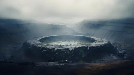 Fotobehang Volcanic crater enveloped in mist, an otherworldly terrain where nature's forces shape a surreal and dramatic landscape. Generative Ai.NO.03 © ZWDQ