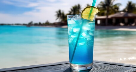 A Dazzling Blue Cocktail With the Picturesque Sea Beach and Rustling Palm Trees Painting the Perfect Backdrop. Generative AI