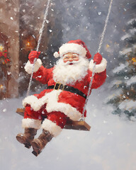 Santa Claus on a swing, winter, cute, painting, vintage, snow, holiday, Christmas, generative ai