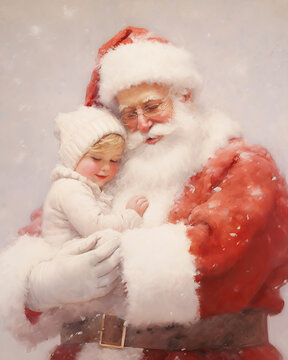 Santa Claus and a child, winter, Christmas, seasonal, art, painting, vintage, generative ai