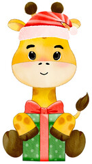 Merry Christmas with watercolor cute giraffe holding gift box
