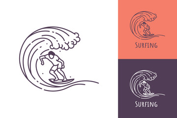 Surfing line art logo of a man surfing in a rolling ocean wave vector illustration - obrazy, fototapety, plakaty