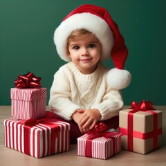 Obraz na płótnie Canvas Cute child, kid, boy with Santa Claus hat sitting next to new year, Christmas gift, present boxes on a pastel background. Copy space for text, advertising, message, logo