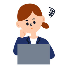ビジネス　仕事　コンピューター　困る　悩む　焦る　女性　スーツ　イラスト	
