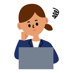 ビジネス　仕事　コンピューター　困る　悩む　焦る　女性　スーツ　イラスト	
