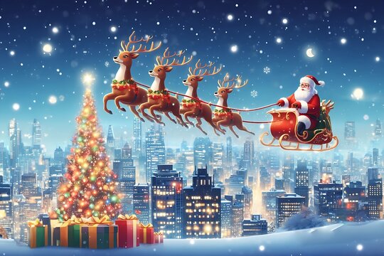 Santa Claus flying in sleigh with reindeers over city at night
