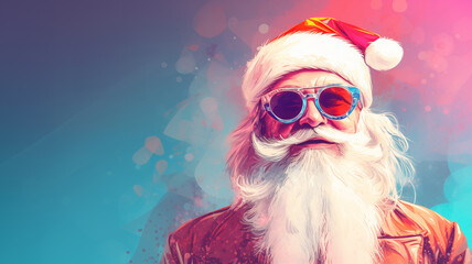 Funky santa claus wearing glasses on pastel background, copy space for text, cartoon pop art style xmas greeting card design - obrazy, fototapety, plakaty