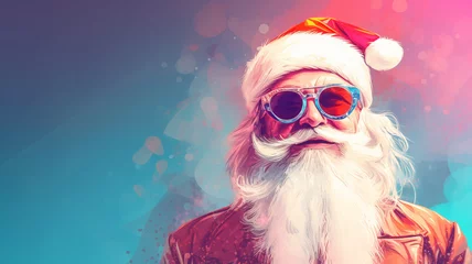 Foto op Canvas Funky santa claus wearing glasses on pastel background, copy space for text, cartoon pop art style xmas greeting card design © Mrt