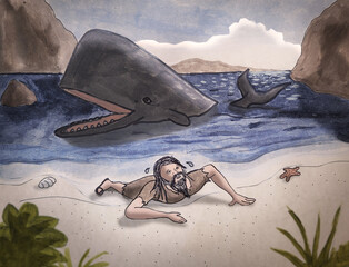 An exhausted Jonah lands on a beach after spending 3 days inside a whale's belly.  From the Bible story. 