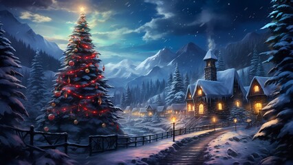 christmas tree in front of a church - obrazy, fototapety, plakaty