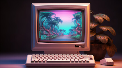 Nostalgic Journey: 90s Computer in Retrowave Aesthetics