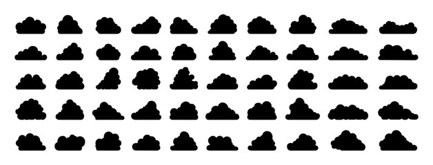 Set of Big Clouds. Black Cloud Icon. Different Shape Clouds on Isolated Background Vector Illustration.
