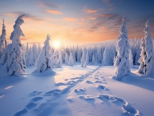 Fototapeta premium Bright winter landscape. Snow covered trees in the forest. Nature outdoor scene