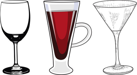 
White and red wine glasses, Set of wine glasses hand drawn vector illustration, Types of wine glasses set, Sketch glass of red wine