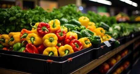A Fresh and Colorful Array Nestled Amongst Supermarket Greenery. Generative AI