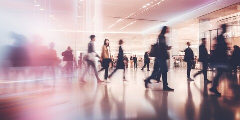 blurred people walking through a mall - obrazy, fototapety, plakaty