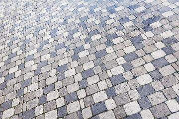 Wet pavement background made from cobblestones with moss. - 672485874