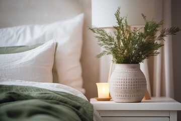Bed with white and green pillows and blanket, lamp, natural spruce branches in a vase on a wooden bedside table closeup. Modern scandinavian stylish bedroom. Сhristmas and new year's eco home decor
