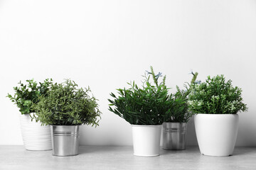 Different artificial potted herbs on light grey table