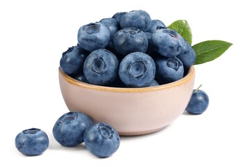 Fresh ripe blueberries and leaves isolated on white
