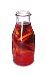Bottle with tasty punch drink isolated on white