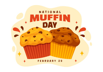 National Muffin Day Vector Illustration on February 20th with Chocolate Chip Food Classic Muffins Delicious in Flat Cartoon Illustration