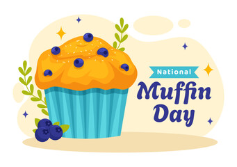 National Muffin Day Vector Illustration on February 20th with Chocolate Chip Food Classic Muffins Delicious in Flat Cartoon Illustration