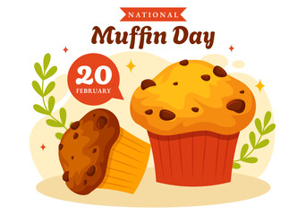 National Muffin Day Vector Illustration on February 20th with Chocolate Chip Food Classic Muffins Delicious in Flat Cartoon Illustration