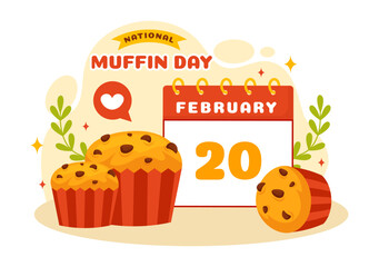 National Muffin Day Vector Illustration on February 20th with Chocolate Chip Food Classic Muffins Delicious in Flat Cartoon Illustration