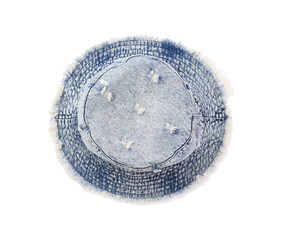 Stylish denim panama hat isolated on white, top view