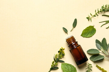 Bottle of essential oil and different herbs on beige background, flat lay. Space for text - obrazy, fototapety, plakaty