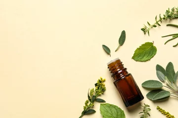 Fotobehang Bottle of essential oil and different herbs on beige background, flat lay. Space for text © New Africa