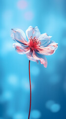 Soft focus of a flower on a blue background in the style of bokeh panorama