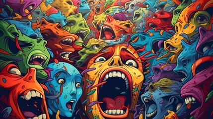 Representation of an insane mind, with mental chaos and hallucinations, schizophrenia.