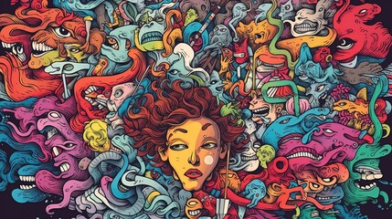 Obraz premium Representation of an insane mind, with mental chaos and hallucinations, schizophrenia.