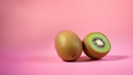 Two kiwifruits against a pastel pink backdrop background with empty space for text, logo or quote...
