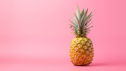 A pineapple against a pastel pink backdrop background with empty space for text, logo or quote in sharp high 4K resolution showing lots of detail