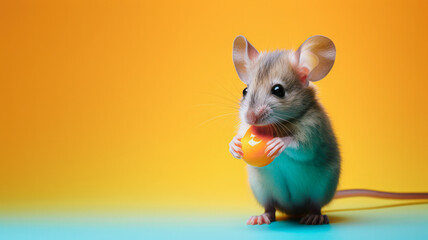 Cute little animal. A mouse is posing on an orange background