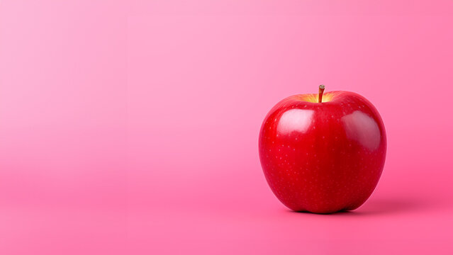 A red apple against a pastel pink backdrop background with empty space for text, logo or quote in sharp high 4K resolution showing lots of detail