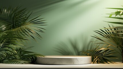 stage podium pedestal with shadow of summer palm leaf tree coconut for cosmetic product showcase