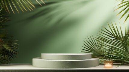 stage podium pedestal with shadow of summer palm leaf tree coconut for cosmetic product showcase