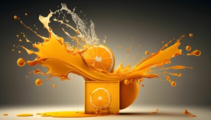 AI generated illustration of orange juice with liquid spilling out of the cup in a splashing motion - obrazy, fototapety, plakaty