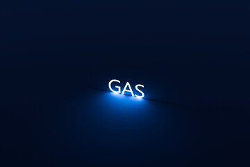 GAS text, neon word. Gas glowing acronym in blue color on black background with reflection. Natural natural GAS concept.3D render - obrazy, fototapety, plakaty