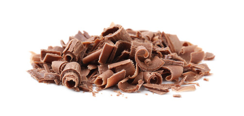 Pile of tasty chocolate shavings isolated on white