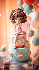 Fototapeta premium Modern design children birthday celebration cake. Dolls theme. Beautiful cake with doll for little ladies.