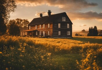 AI generated illustration of a rural house in the countryside at golden hour - obrazy, fototapety, plakaty