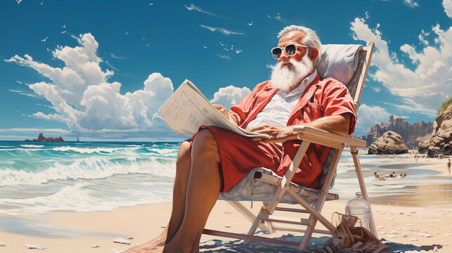 old man sitting on a chair, sunbathing, reading a book on the beach, Santa Claus, relaxing on a beach vacation, generative AI