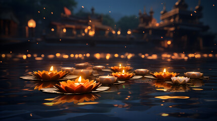 A peaceful Diwali background captures the serene beauty of diya-lit water,