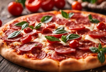 AI generated illustration of a pizza topped with juicy, ripe tomatoes on a wooden table